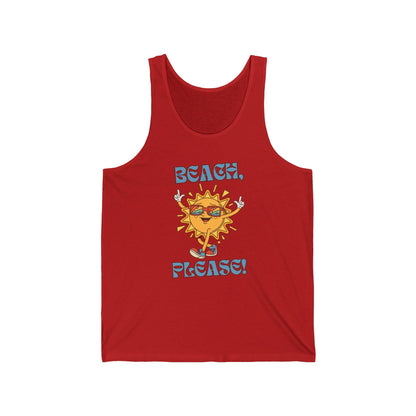 Red tank top with a sun graphic and 'Beach, Please!' text on a white background