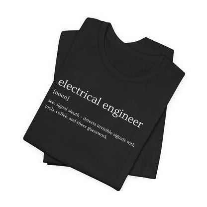 Black t-shirt with 'electrical engineer' definition text on a white background