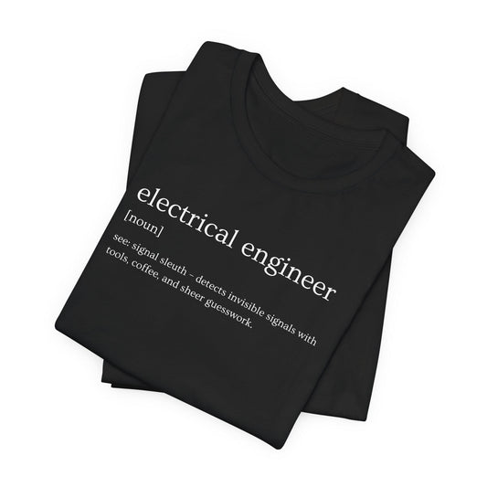 Black t-shirt with 'electrical engineer' definition text on a white background