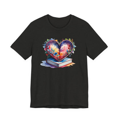 Colorful Floral Book-Love Tee With Watercolor Heart Design