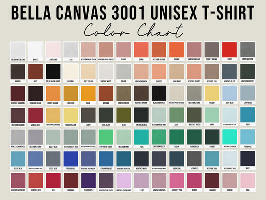 Color chart for Bella Canvas 3001 Unisex T-Shirt with various color swatches.