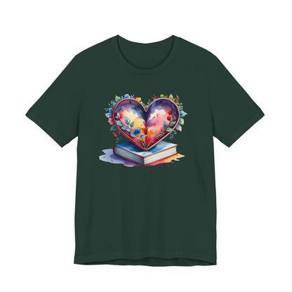 Colorful Floral Book-Love Tee With Watercolor Heart Design