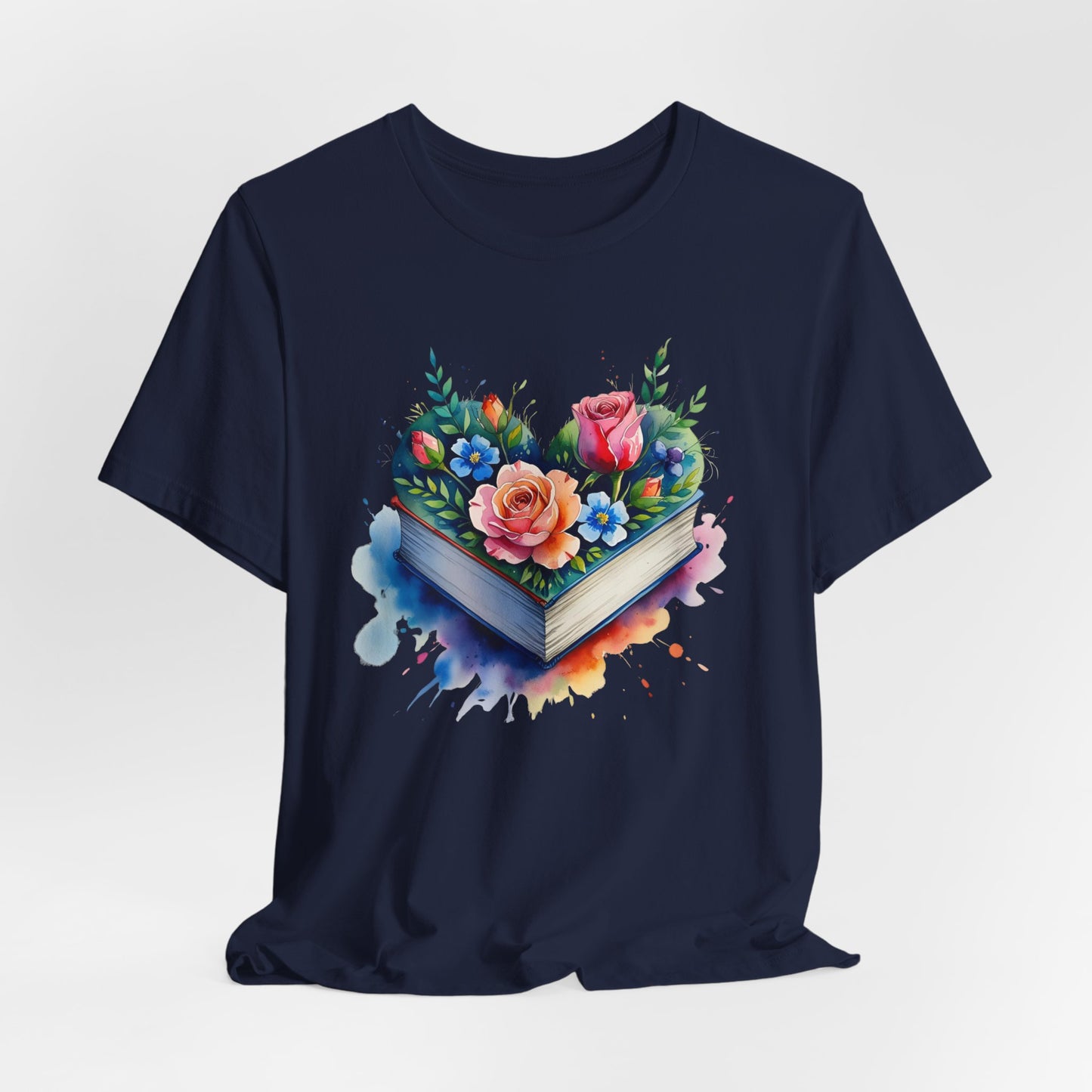 Navy blue t-shirt with a colorful floral design on a white background