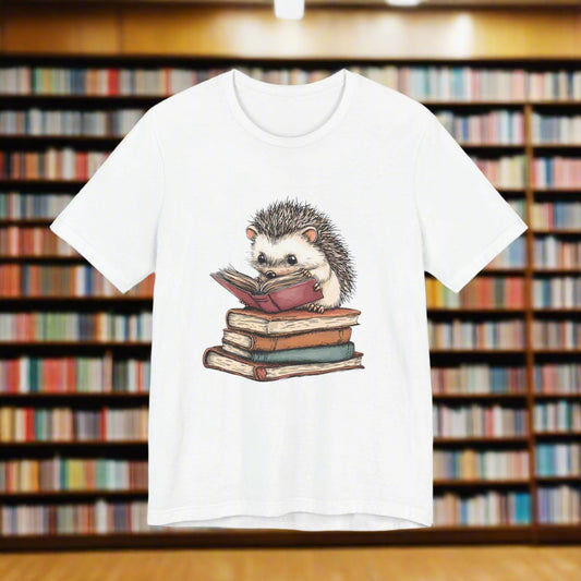 White t-shirt with a hedgehog reading a book design on a white background