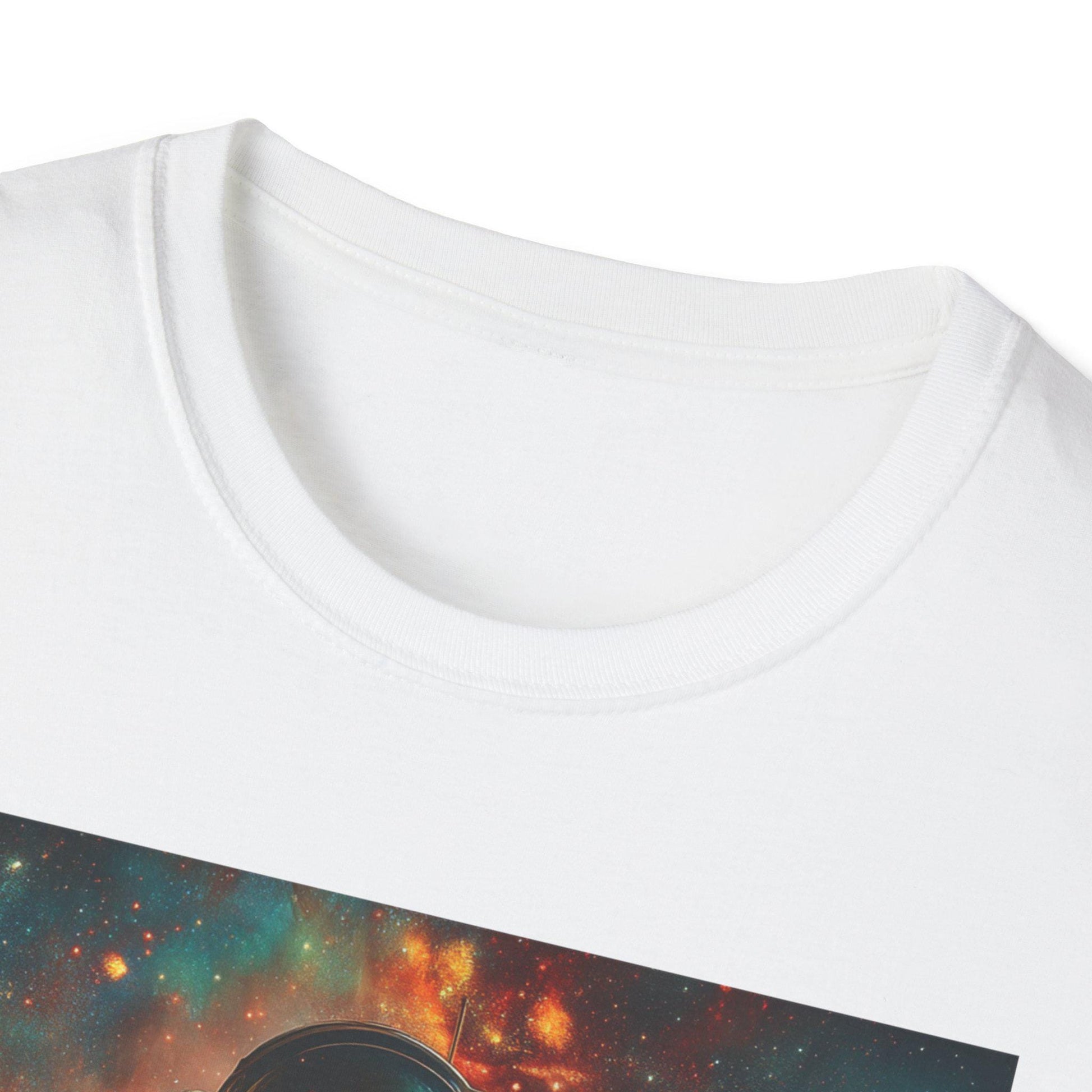 White t-shirt with a colorful nebula design on a white background