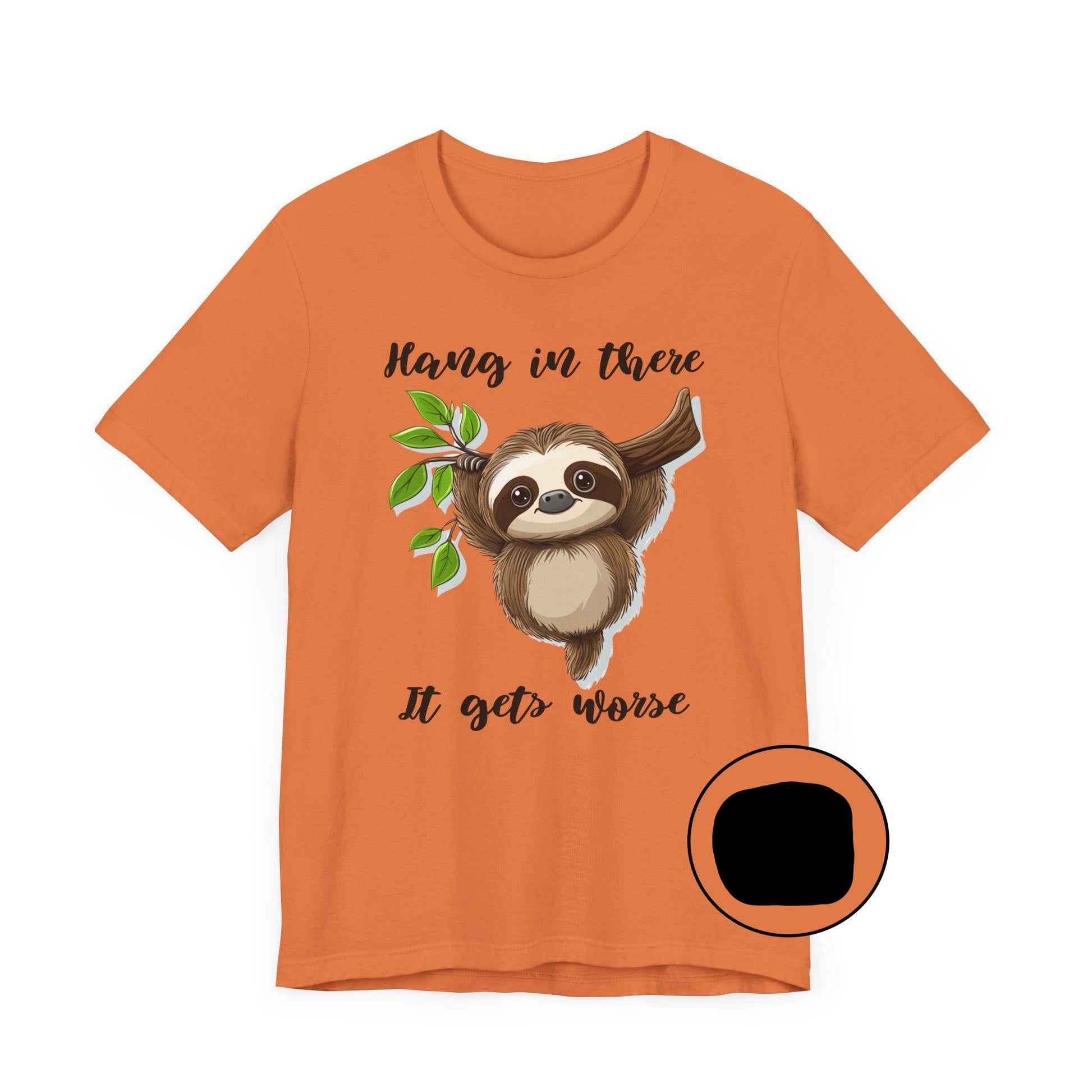 Orange t-shirt with a sloth graphic and text on a white background