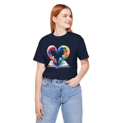 Colorful Book-Love Tee in Heart Shaped Watercolors with Space Cloud Vibes