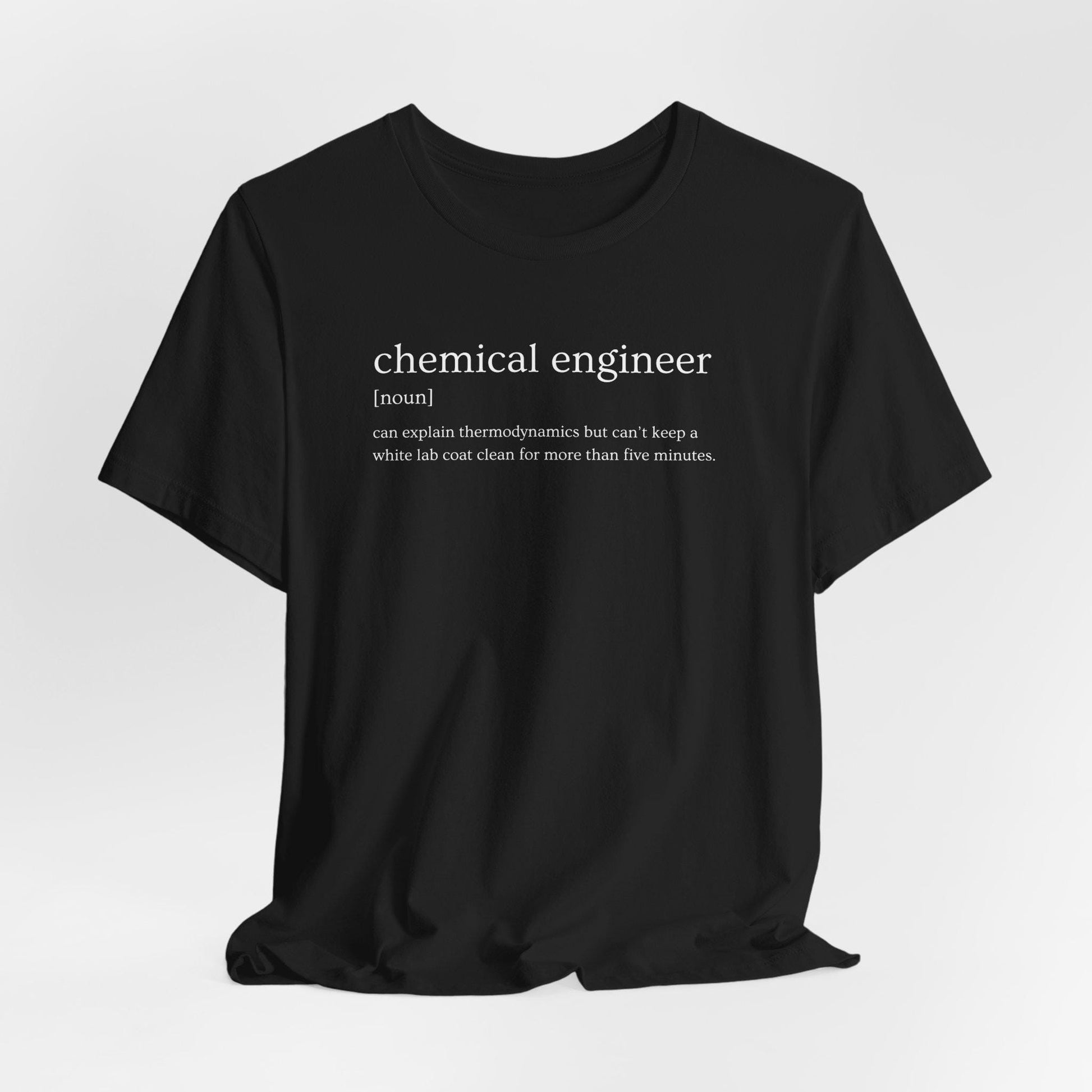 Black t-shirt with 'chemical engineer' definition text on a white background