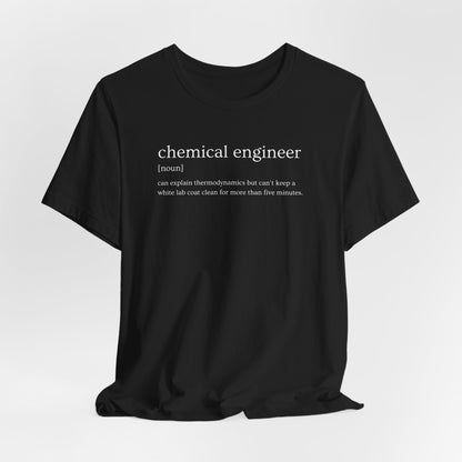 Black t-shirt with 'chemical engineer' definition text on a white background