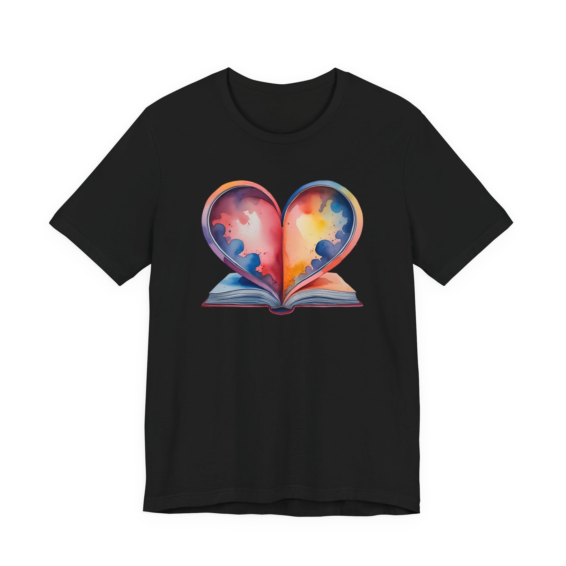 Black t-shirt with a colorful heart-shaped book design on a white background