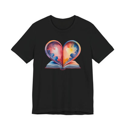 Black t-shirt with a colorful heart-shaped book design on a white background