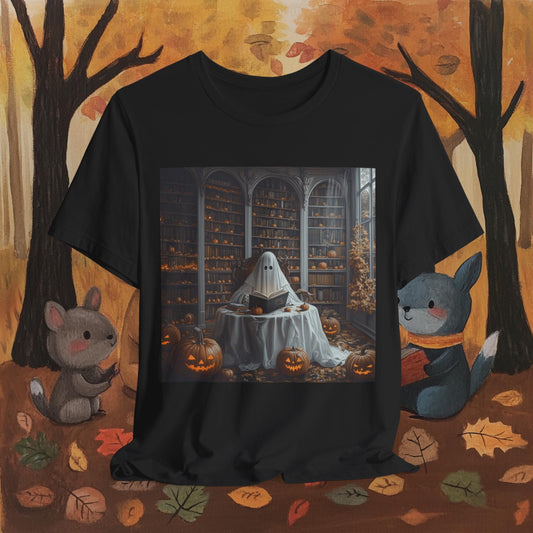 Black t-shirt with a ghost reading a book design on an autumn-themed background