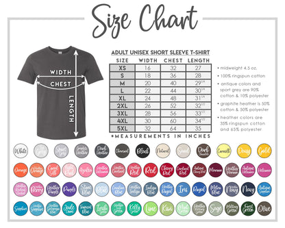 Size chart for adult unisex short sleeve t-shirts with color swatches below.