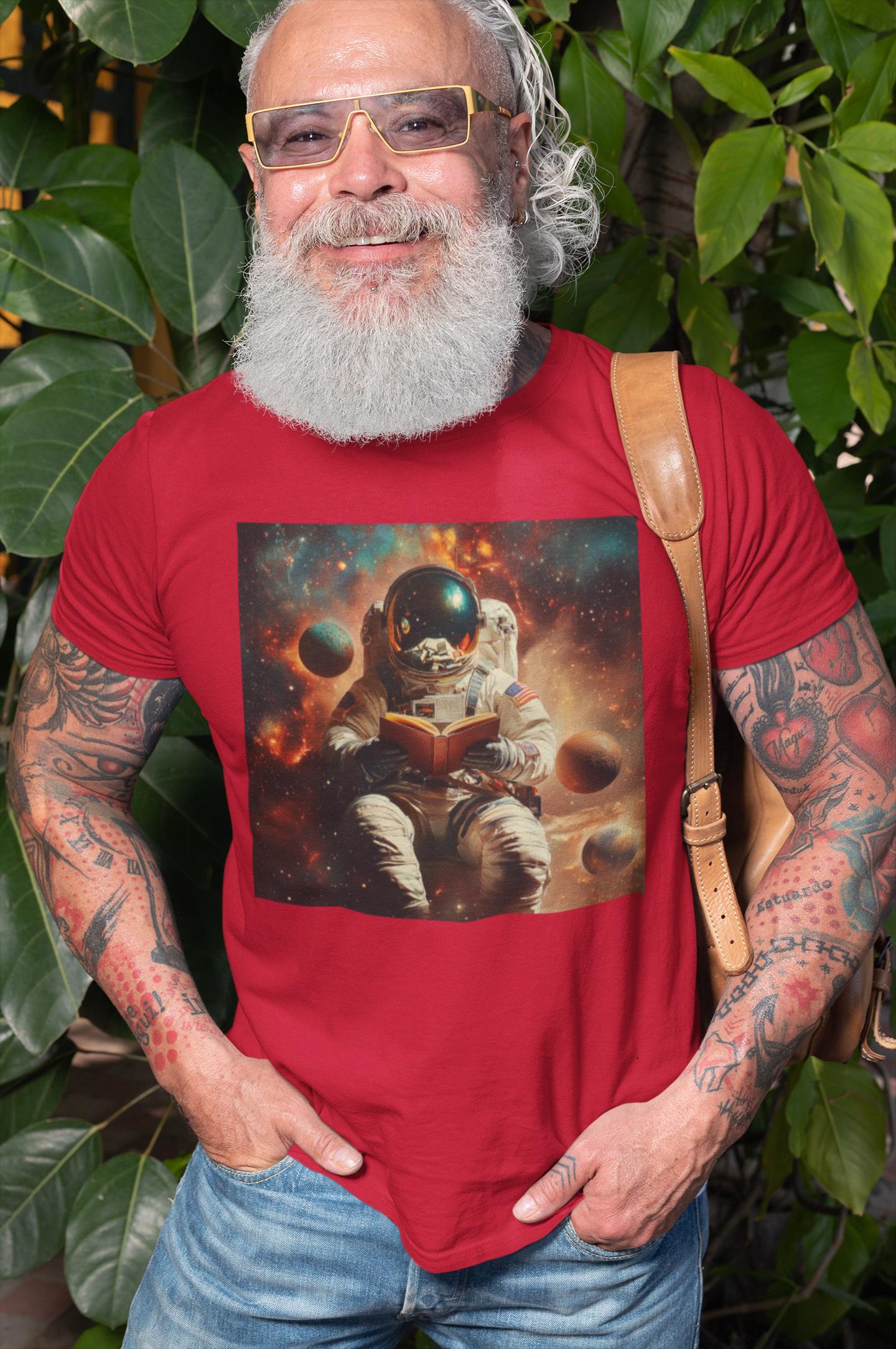 Man wearing a red t-shirt with an astronaut reading a book on the moon graphic, standing outdoors.