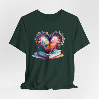 Colorful Floral Book-Love Tee With Watercolor Heart Design