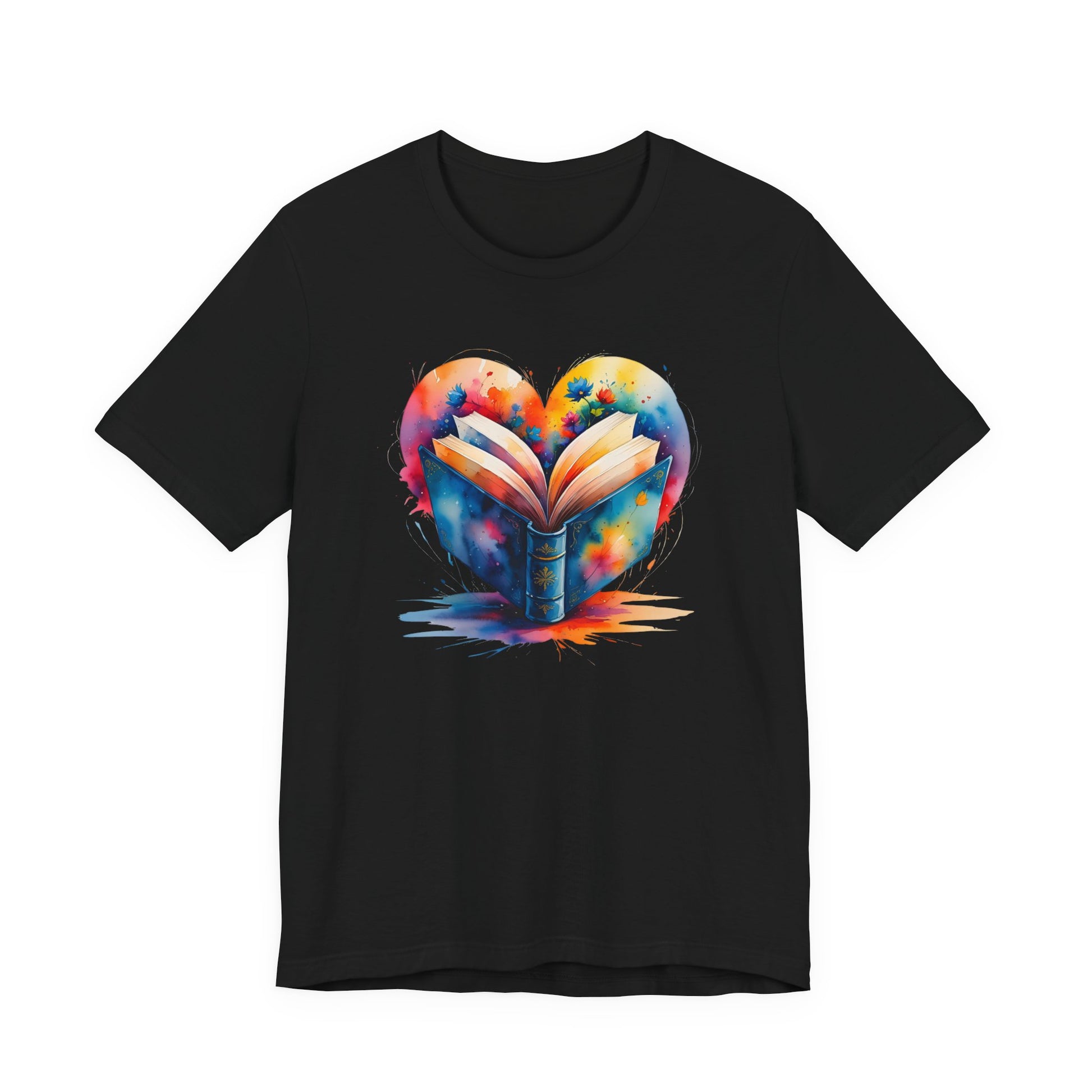 Black t-shirt with a colorful heart-shaped book design on a white background