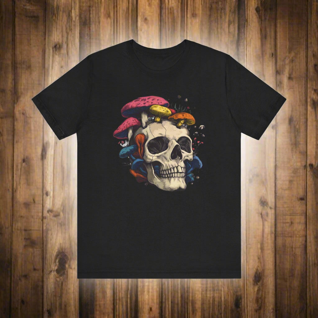 Black t-shirt with a skull and colorful mushrooms design on a white background