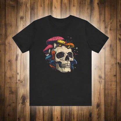 Black t-shirt with a skull and colorful mushrooms design on a white background