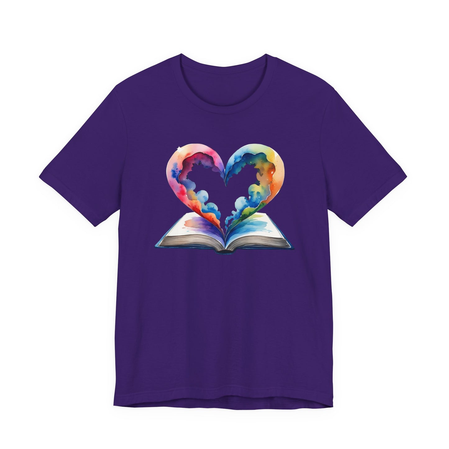 Colorful Book-Love Tee in Heart Shaped Watercolors with Space Cloud Vibes
