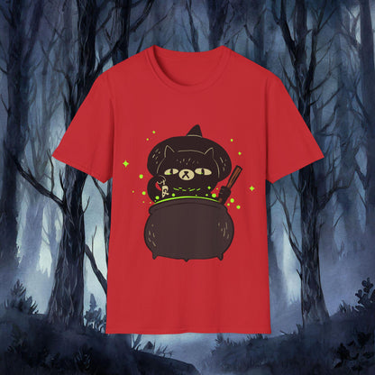 Red t-shirt with a black cat design in a forest setting