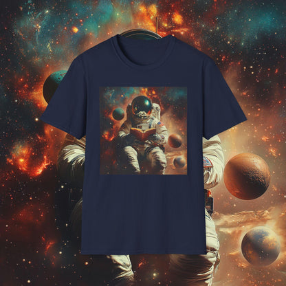 Navy blue t-shirt with an astronaut reading a book in space design against a cosmic background