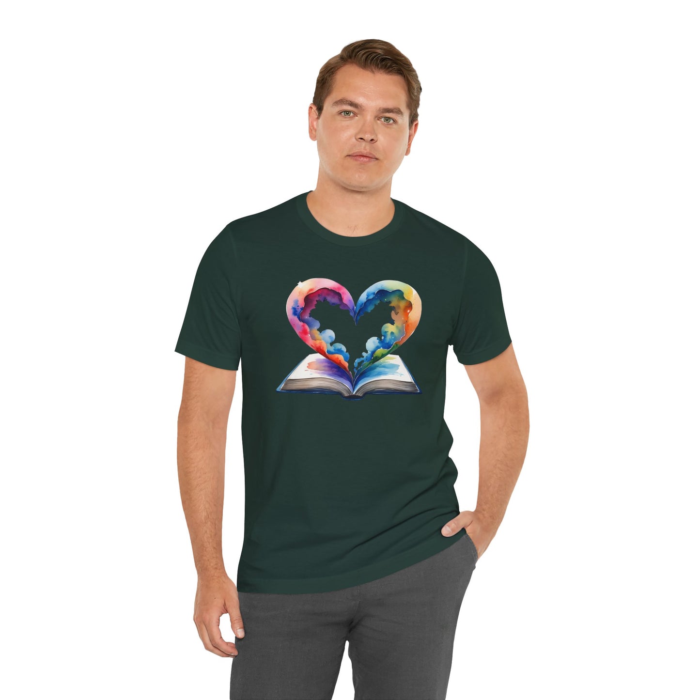 Colorful Book-Love Tee in Heart Shaped Watercolors with Space Cloud Vibes