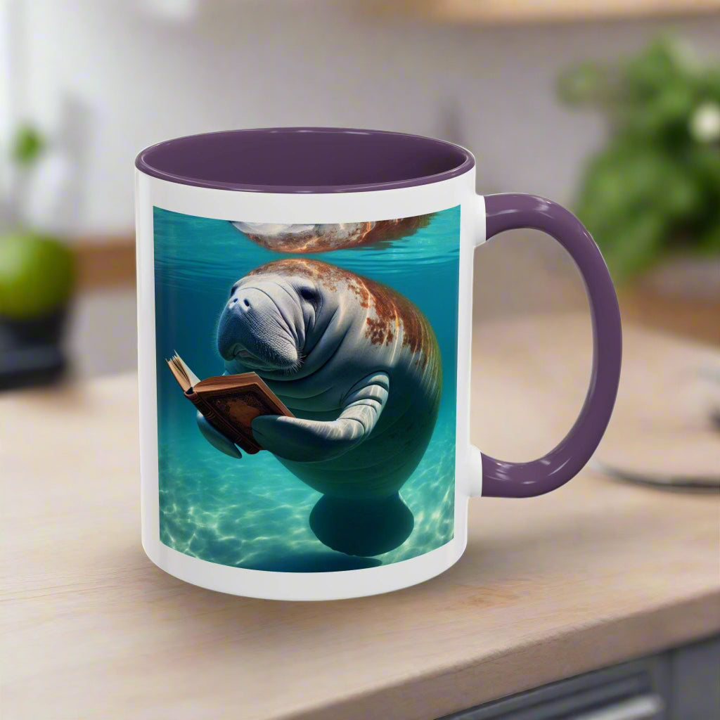 Mug with a manatee reading a book underwater design on a white background