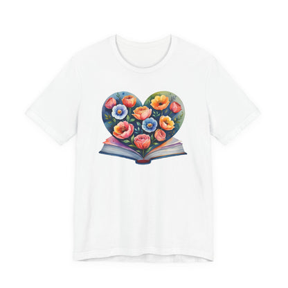 White t-shirt with a colorful floral heart design on a white background
