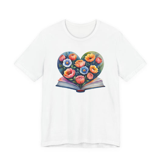 White t-shirt with a colorful floral heart design on a white background
