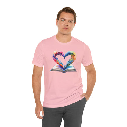 Colorful Book-Love Tee in Heart Shaped Watercolors with Space Cloud Vibes