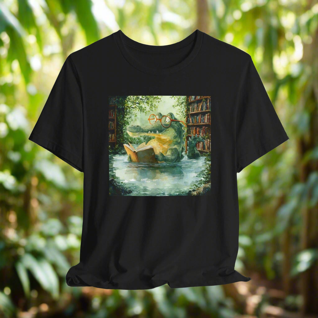 Black t-shirt with a graphic design of a dragon and books on a white background