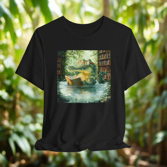 Black t-shirt with a graphic design of a dragon and books on a white background