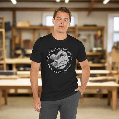 Man wearing a black t-shirt with a graphic design and text on a white background