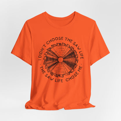 Orange t-shirt with black graphic and text on a white background
