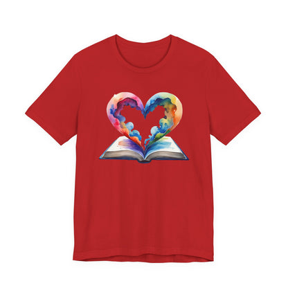Colorful Book-Love Tee in Heart Shaped Watercolors with Space Cloud Vibes