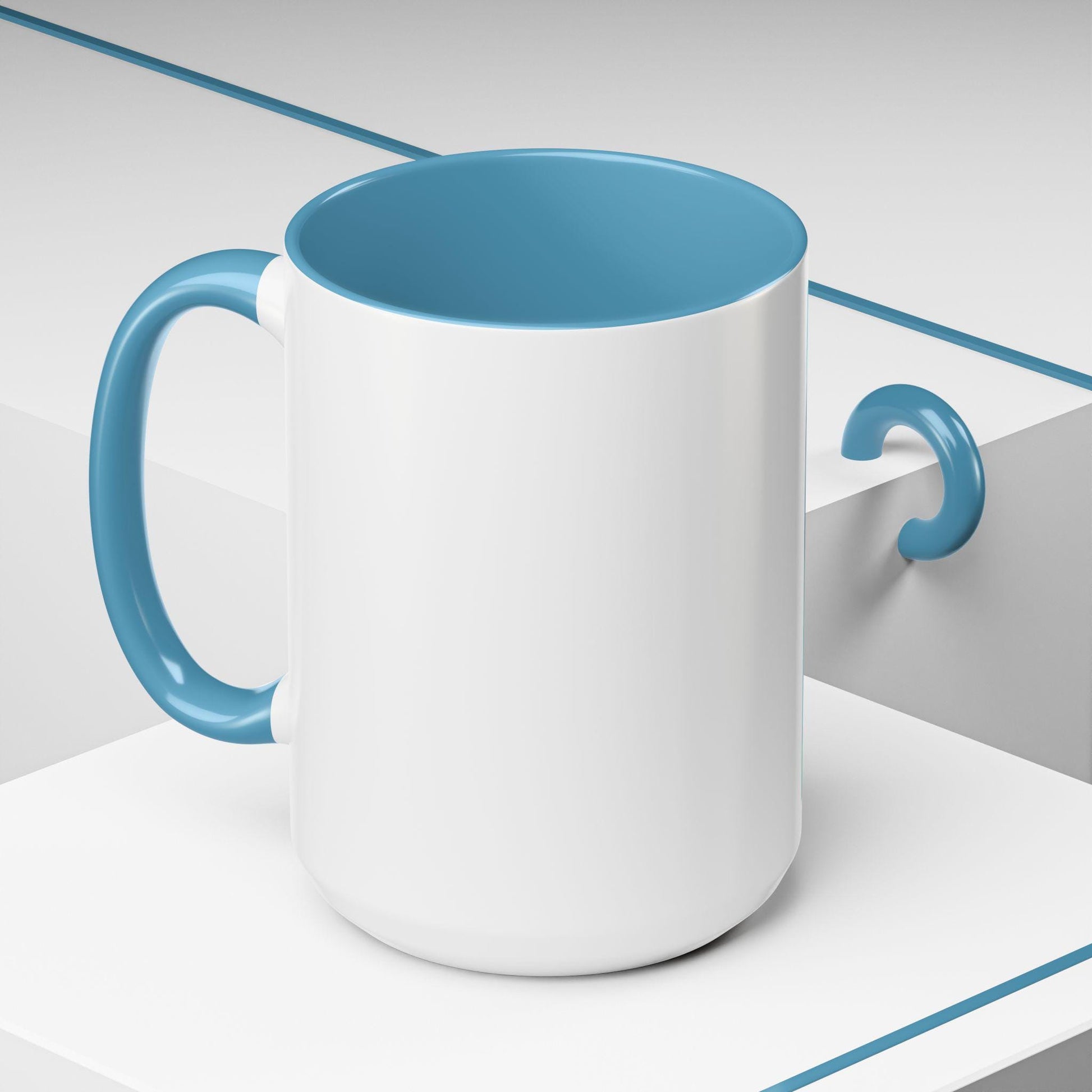 White mug with blue interior and handle on a light gray background