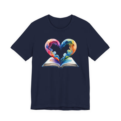 Colorful Book-Love Tee in Heart Shaped Watercolors with Space Cloud Vibes