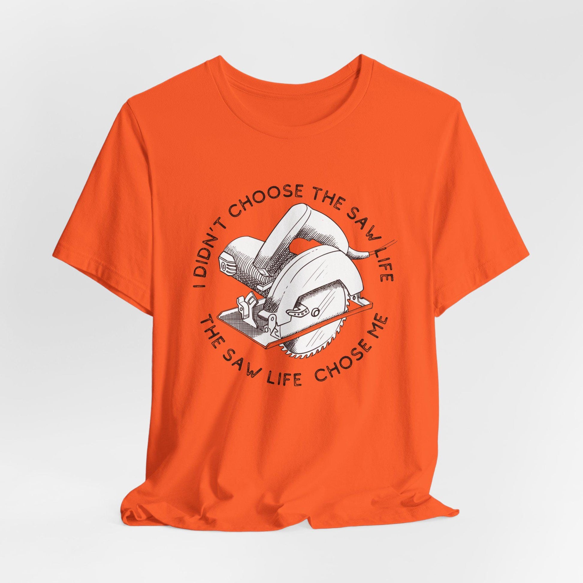 Orange t-shirt with a graphic and text on a white background
