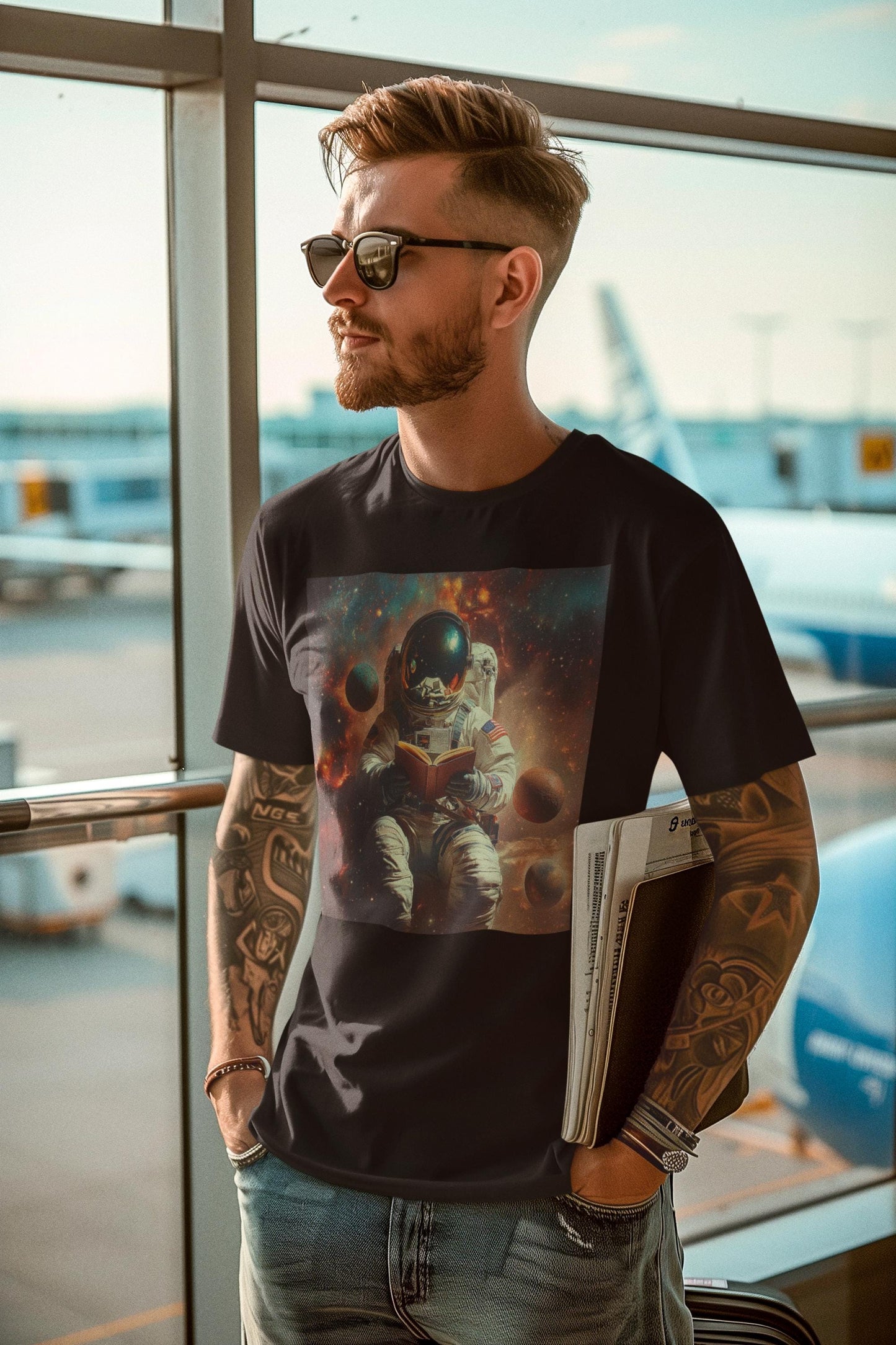 Man wearing a black t-shirt with an astronaut graphic at an airport.