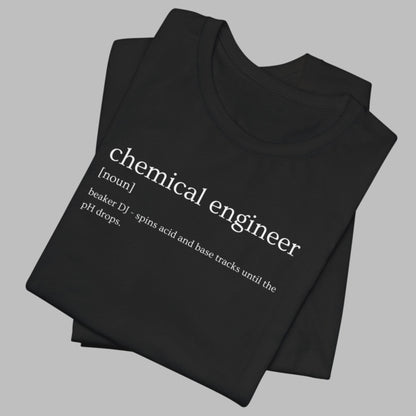 Black t-shirt with 'chemical engineer' definition text on a white background