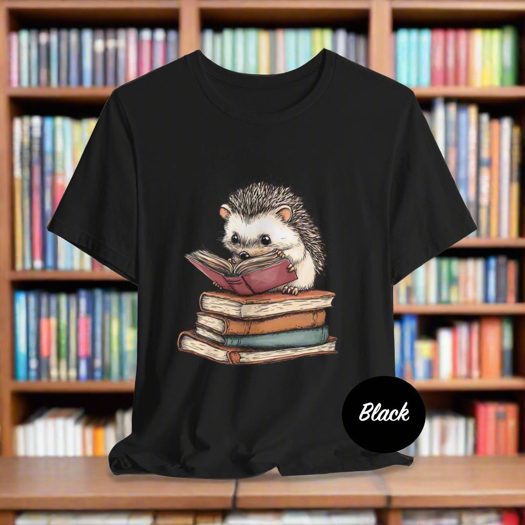 Black t-shirt with a hedgehog reading a book design on a white background