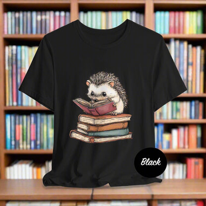 Black t-shirt with a hedgehog reading a book design on a white background