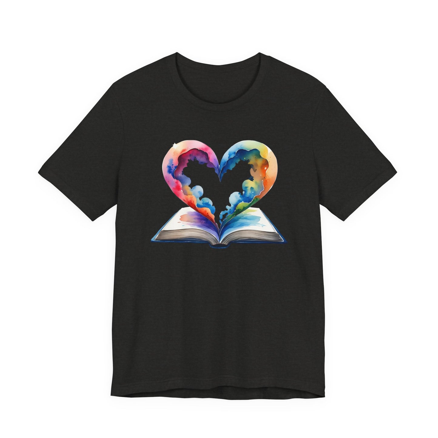 Black t-shirt with a colorful heart design on a white background