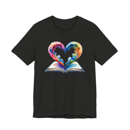 Black t-shirt with a colorful heart design on a white background