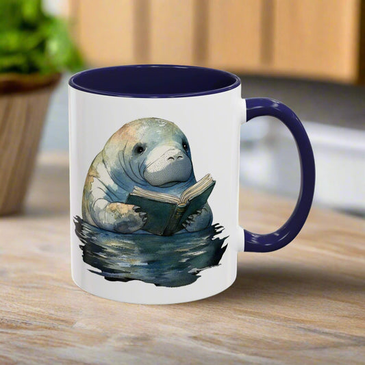 Mug with a manatee reading a book design on a white background
