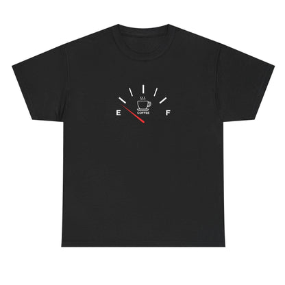 Black t-shirt with a white graphic design on a white background