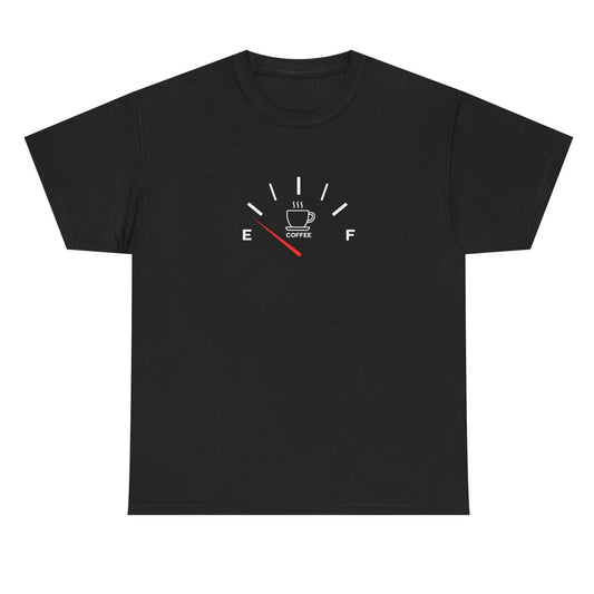 Black t-shirt with a white graphic design on a white background