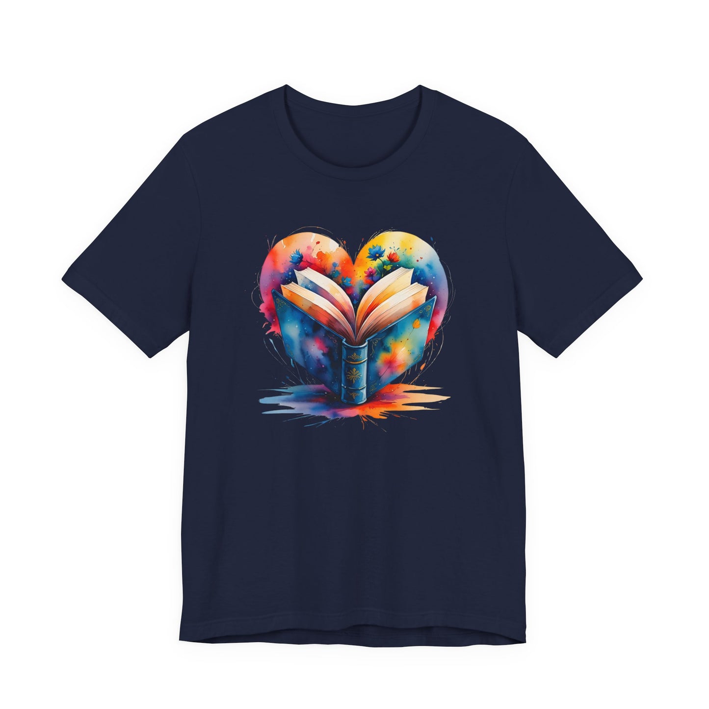 Navy blue t-shirt with a colorful heart design featuring an open book on a white background