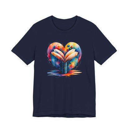 Navy blue t-shirt with a colorful heart design featuring an open book on a white background