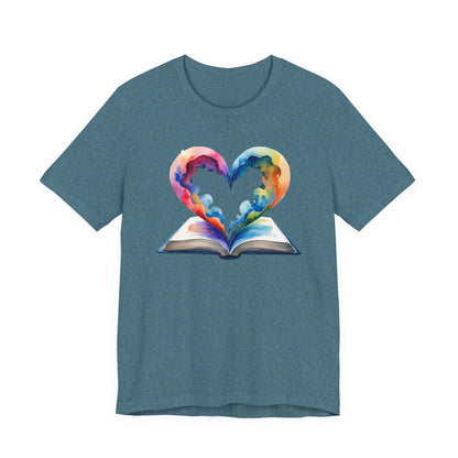 Colorful Book-Love Tee in Heart Shaped Watercolors with Space Cloud Vibes
